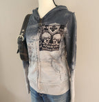 Y2K Affliction Grunge Graphic Skull Cathedral Print Studded Zip-Up Hoodie