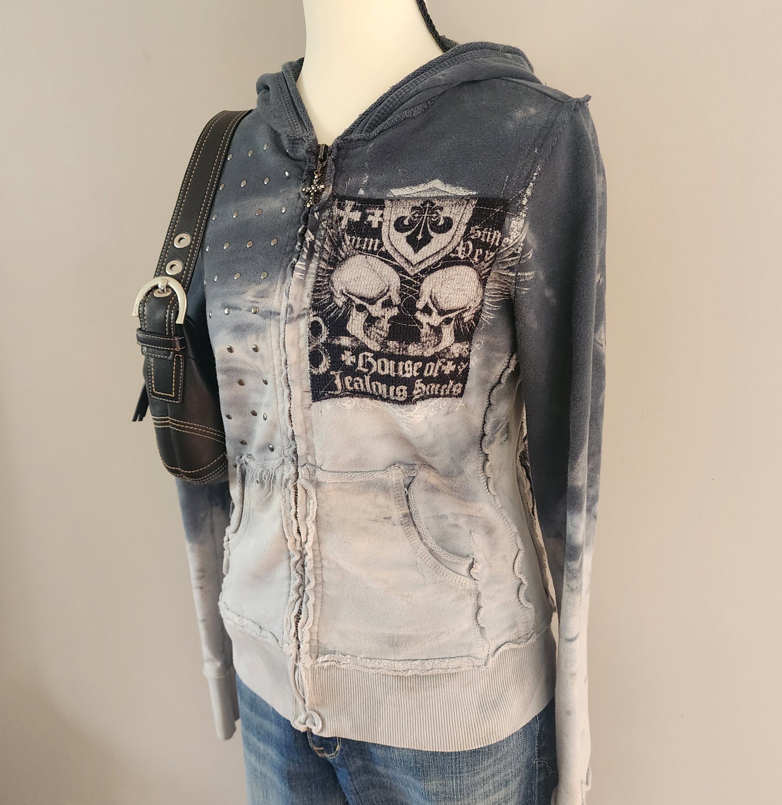 Y2K Affliction Grunge Graphic Skull Cathedral Print Studded Zip-Up Hoodie
