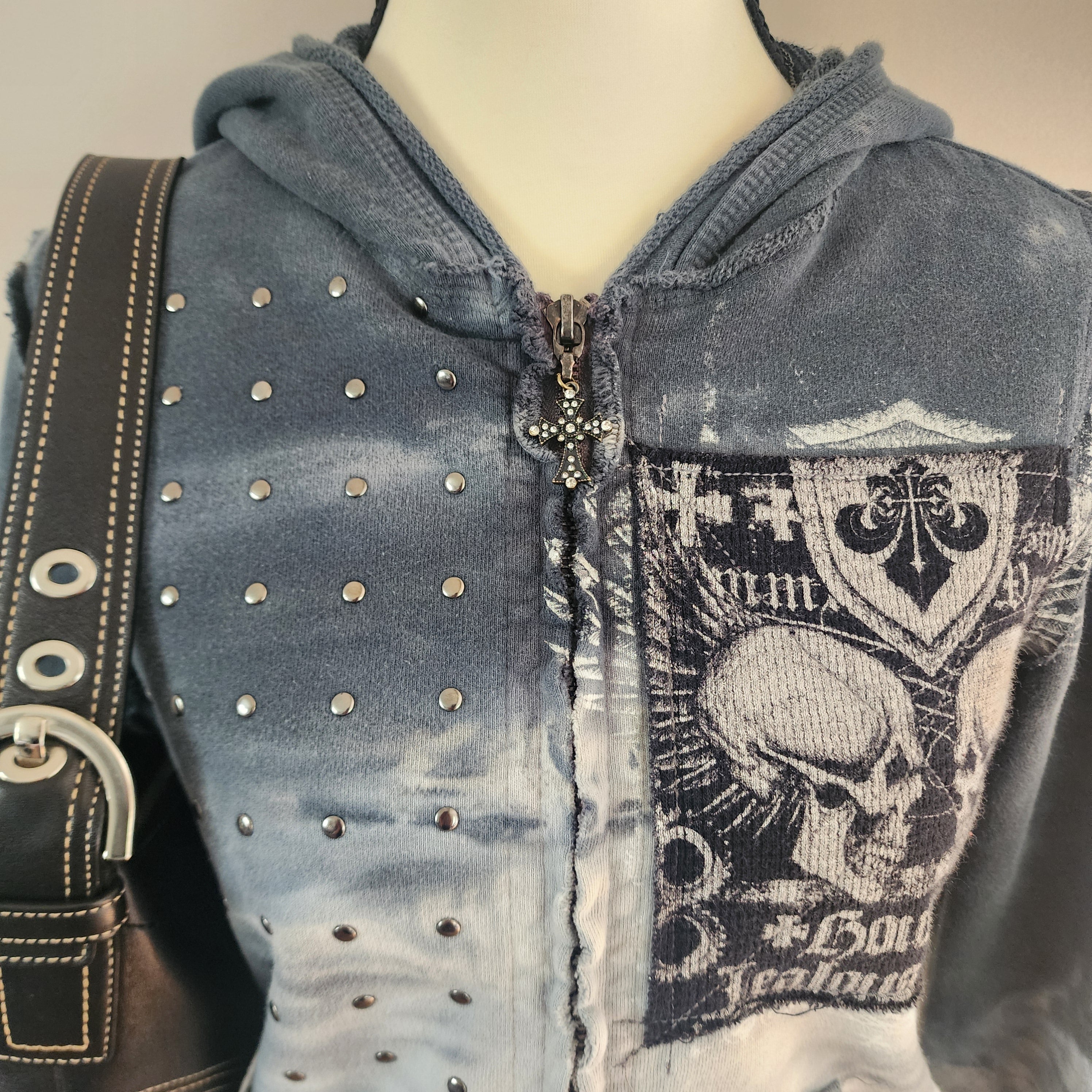 Y2K Affliction Grunge Graphic Skull Cathedral Print Studded Zip-Up Hoodie