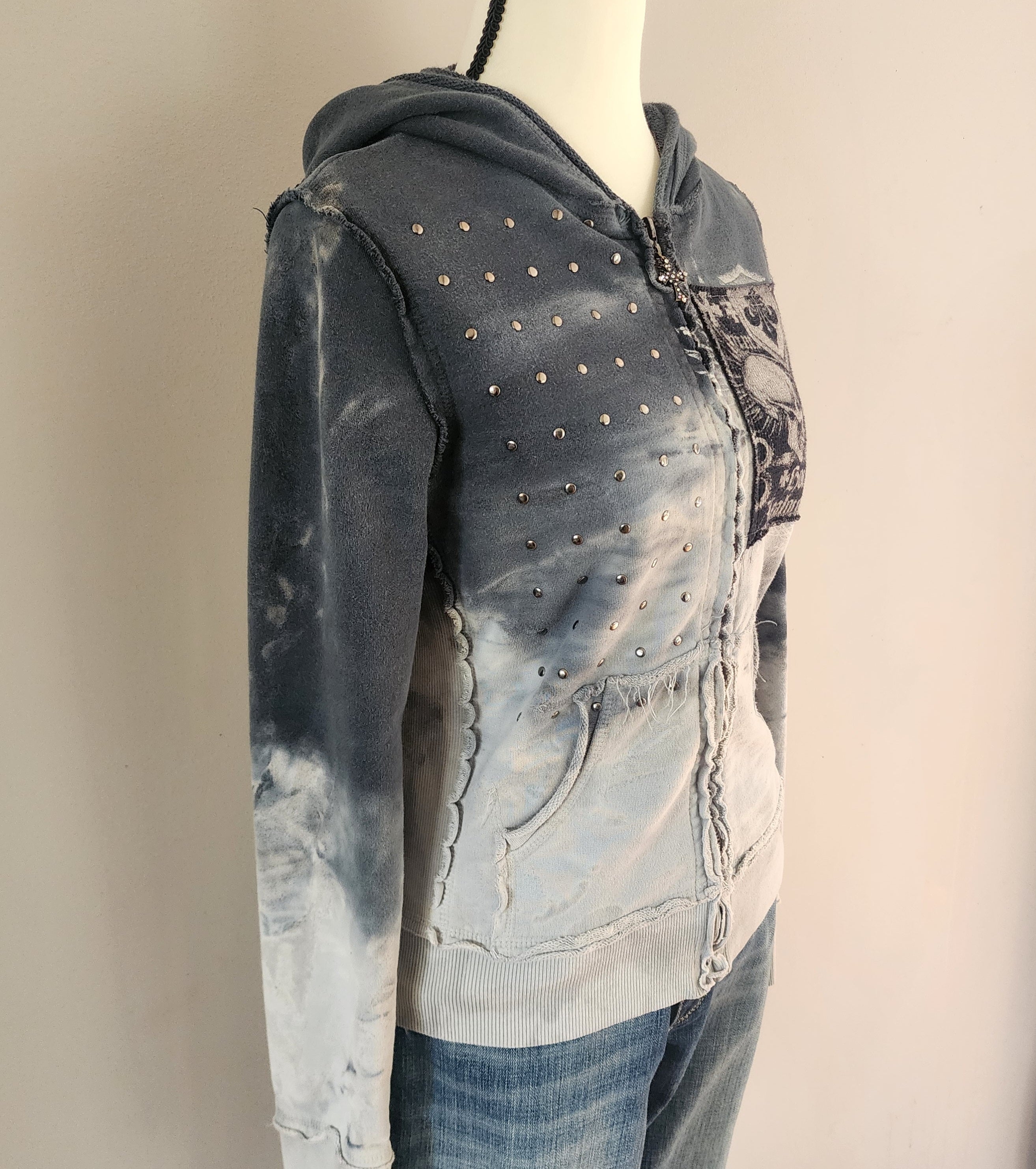 Y2K Affliction Grunge Graphic Skull Cathedral Print Studded Zip-Up Hoodie
