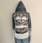 Y2K Affliction Grunge Graphic Skull Cathedral Print Studded Zip-Up Hoodie