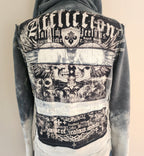 Y2K Affliction Grunge Graphic Skull Cathedral Print Studded Zip-Up Hoodie