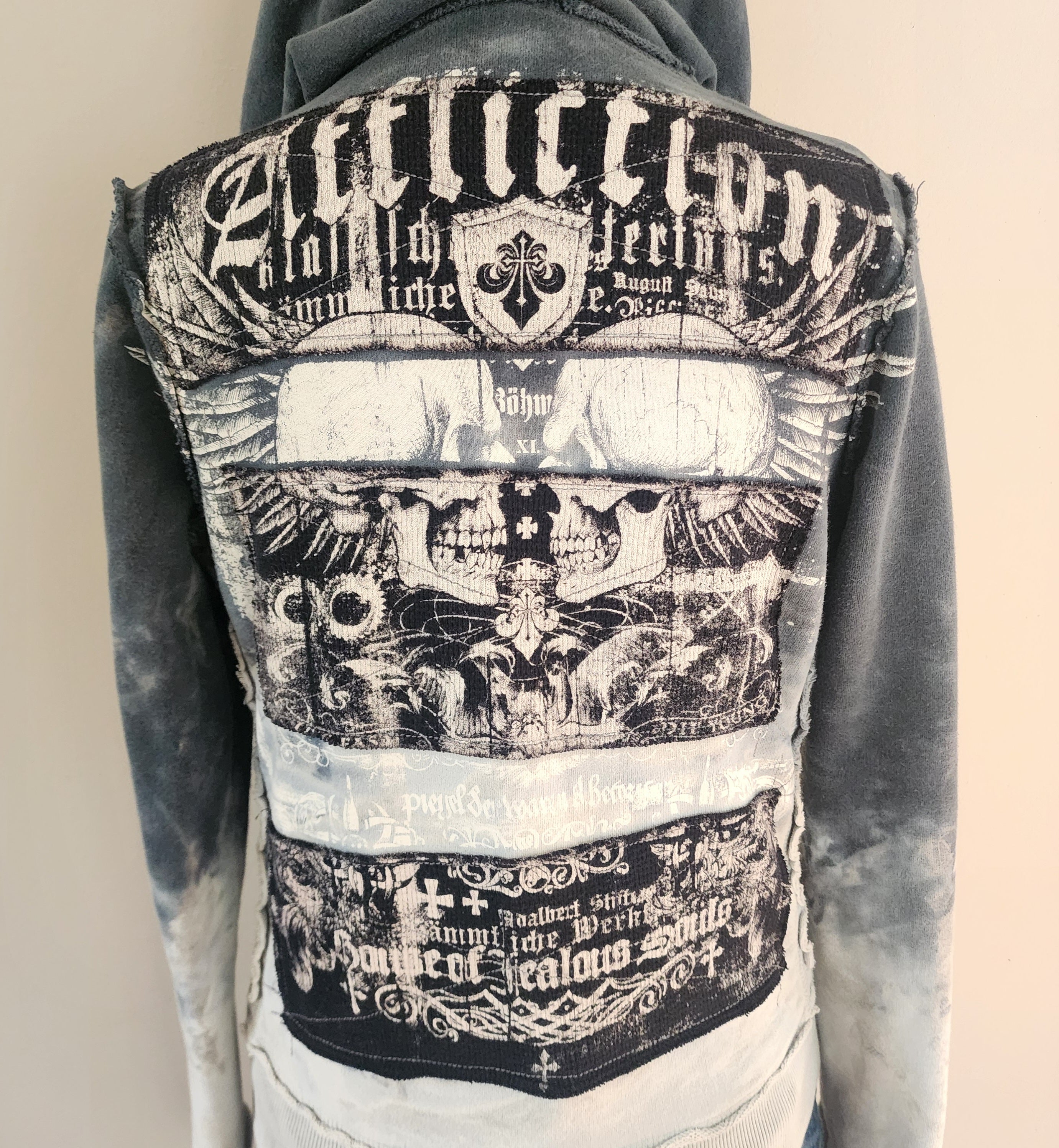 Y2K Affliction Grunge Graphic Skull Cathedral Print Studded Zip-Up Hoodie