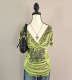 Y2K Green V-neck Ruffled Grunge Graphic Bedazzled Top