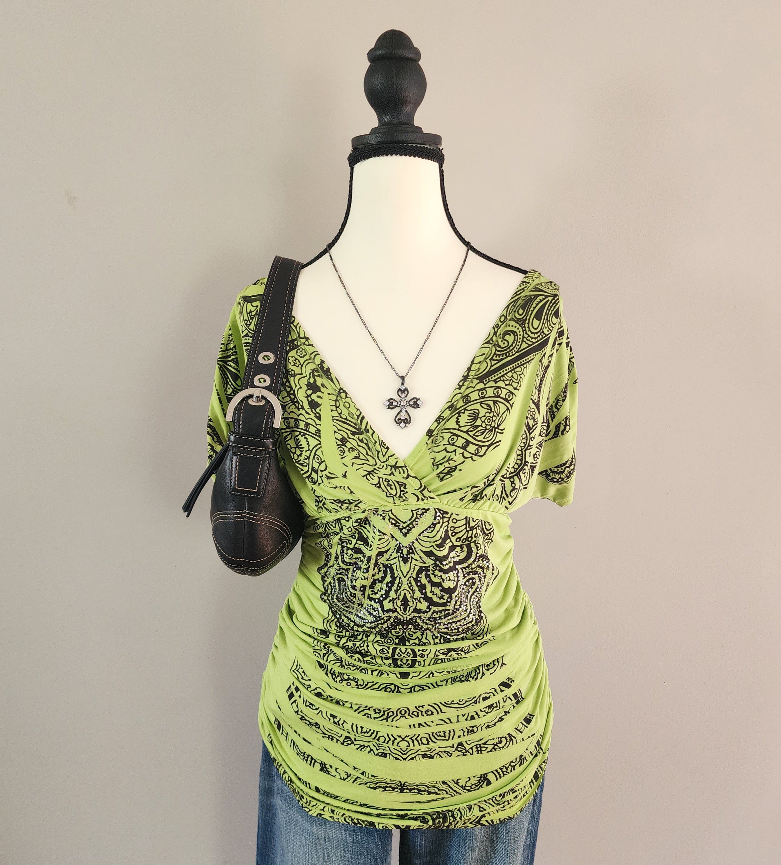 Y2K Green V-neck Ruffled Grunge Graphic Bedazzled Top