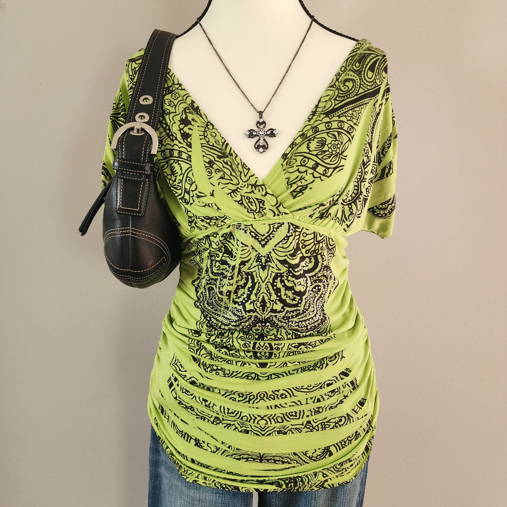 Y2K Green V-neck Ruffled Grunge Graphic Bedazzled Top