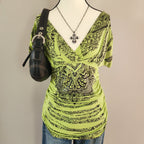 Y2K Green V-neck Ruffled Grunge Graphic Bedazzled Top