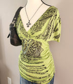 Y2K Green V-neck Ruffled Grunge Graphic Bedazzled Top
