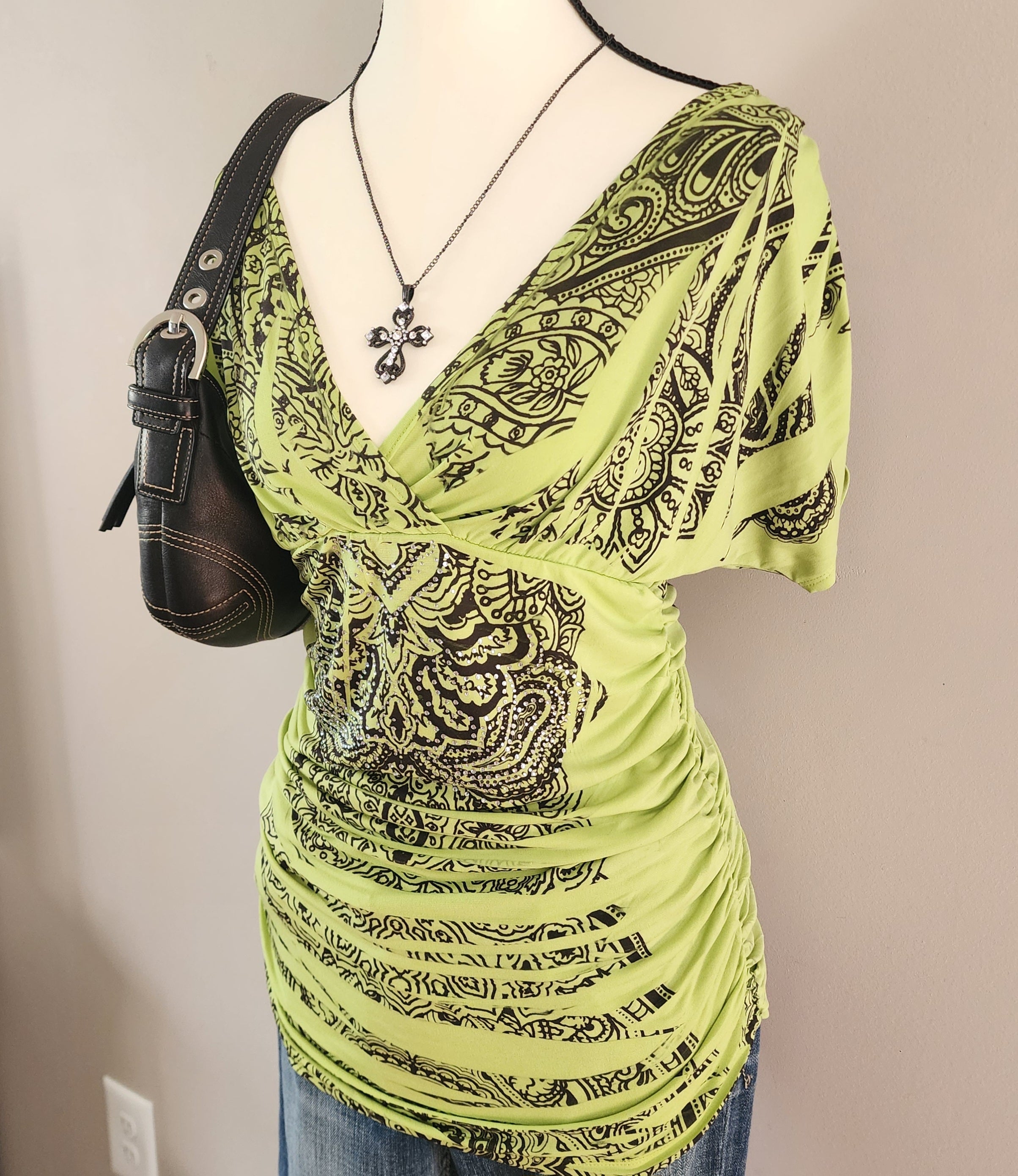 Y2K Green V-neck Ruffled Grunge Graphic Bedazzled Top
