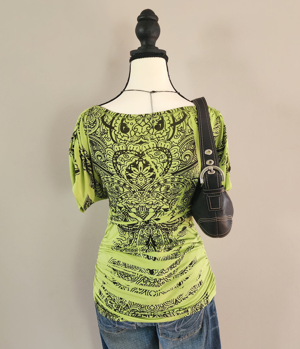 Y2K Green V-neck Ruffled Grunge Graphic Bedazzled Top