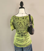 Y2K Green V-neck Ruffled Grunge Graphic Bedazzled Top