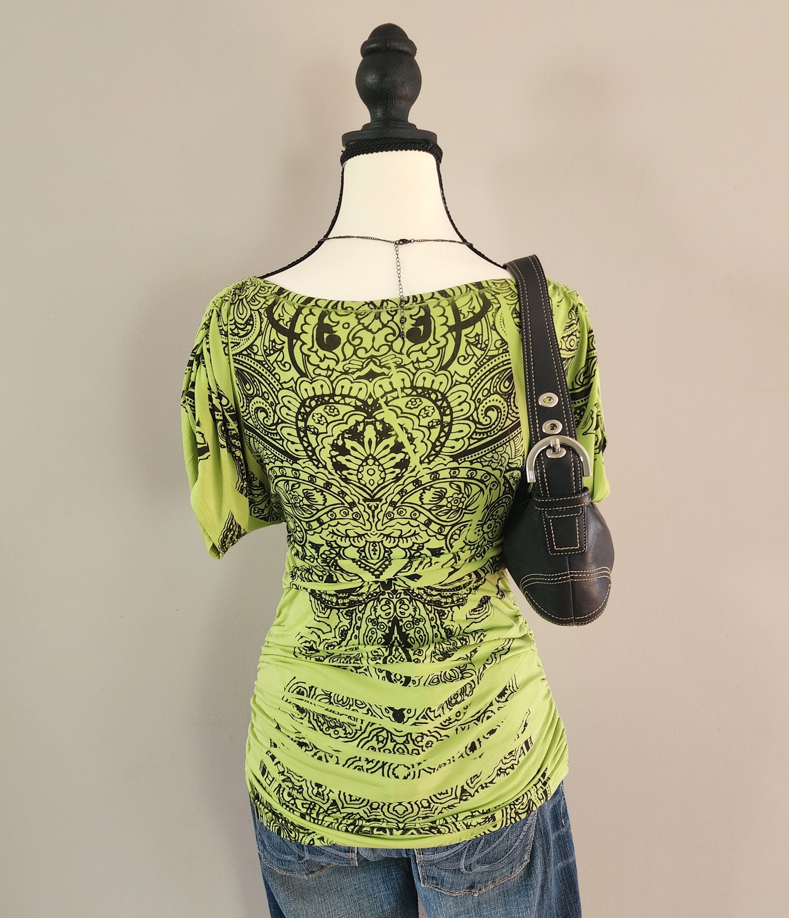 Y2K Green V-neck Ruffled Grunge Graphic Bedazzled Top