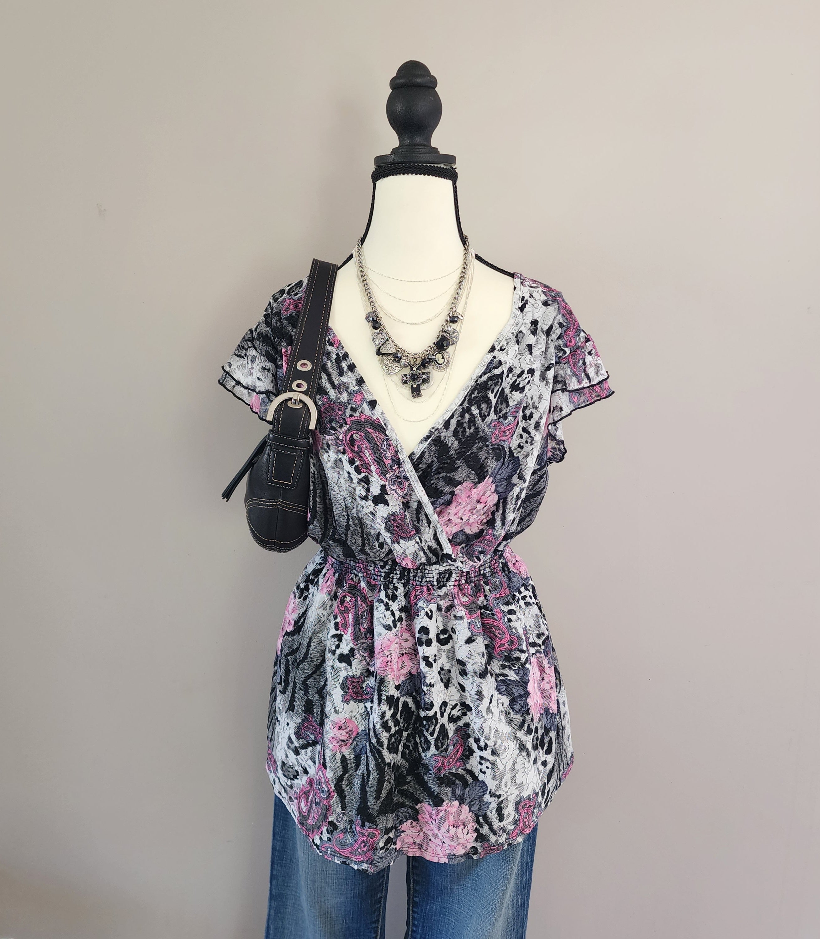 Y2K Pink Multi-Colored Lace Baby Doll Paisley Top