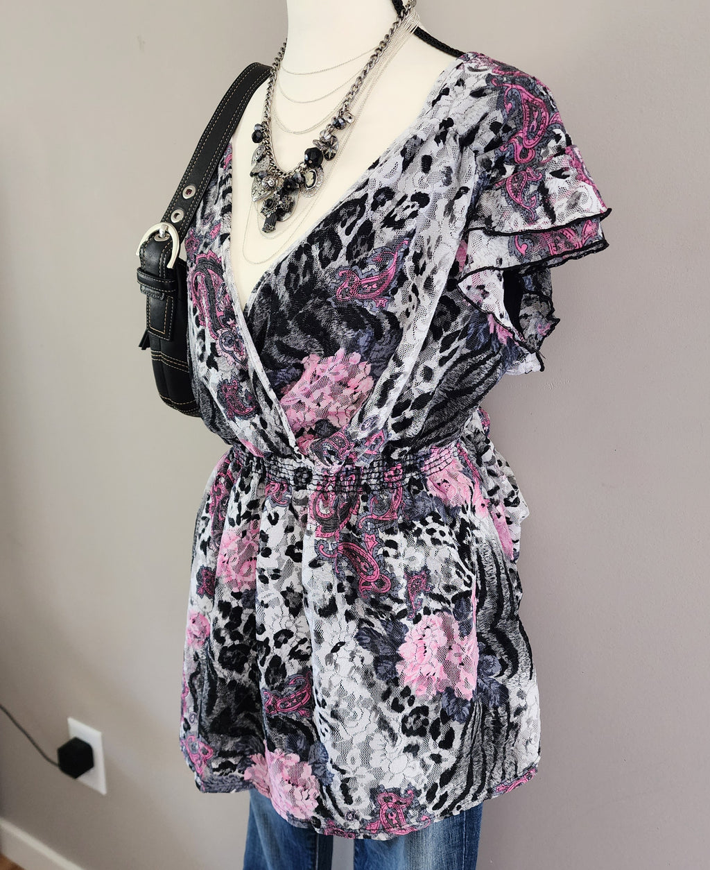 Y2K Pink Multi-Colored Lace Baby Doll Paisley Top