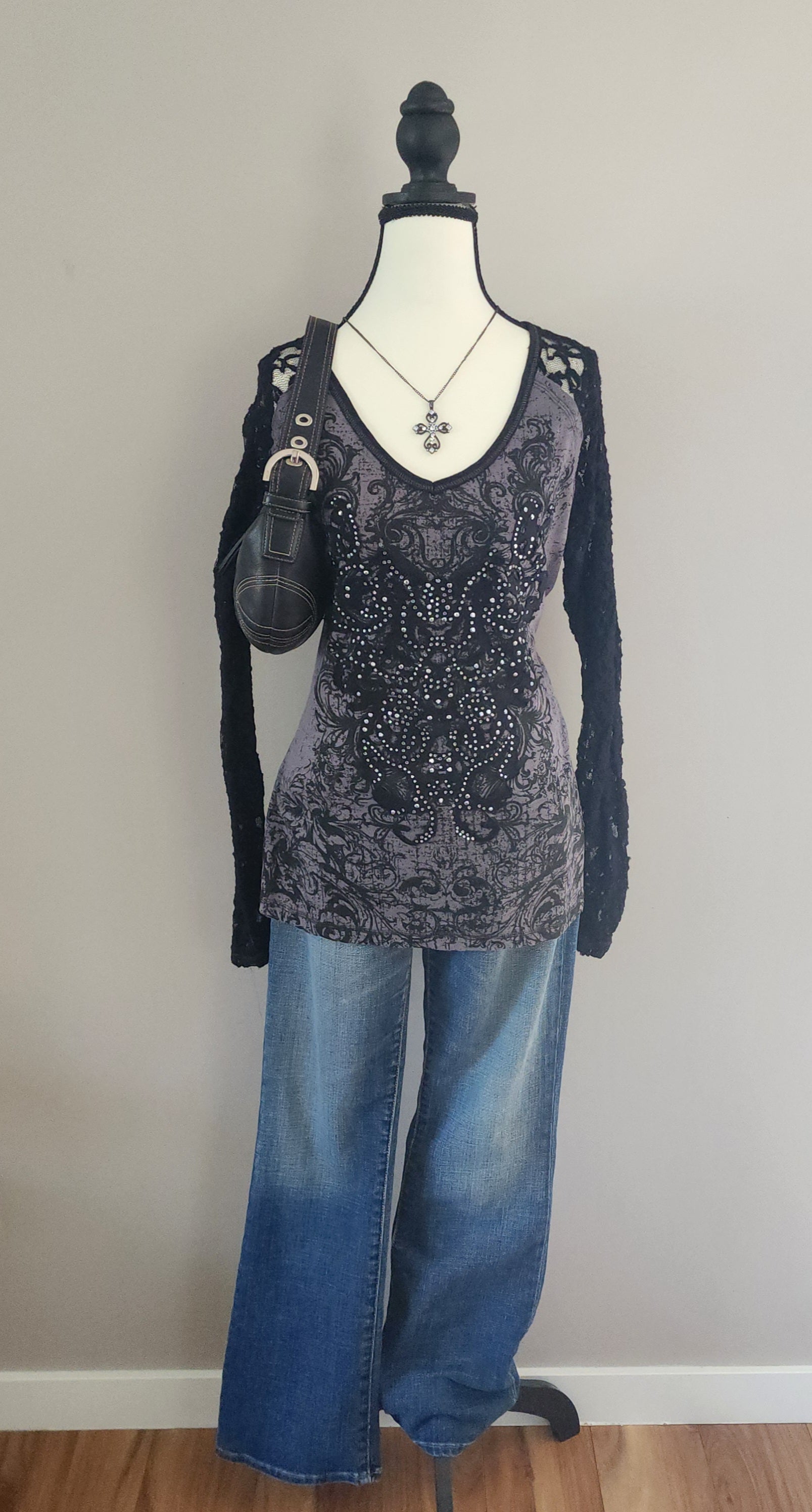 Maurices Black and Grey Lace Bedazzled Long Sleeved Top