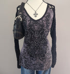 Maurices Black and Grey Lace Bedazzled Long Sleeved Top