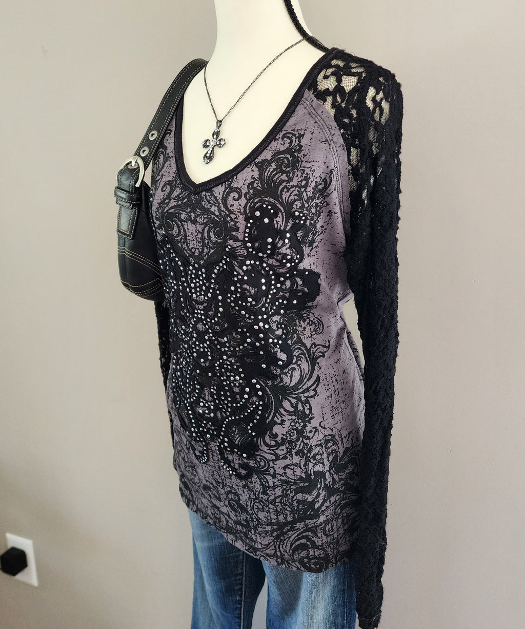 Maurices Black and Grey Lace Bedazzled Long Sleeved Top