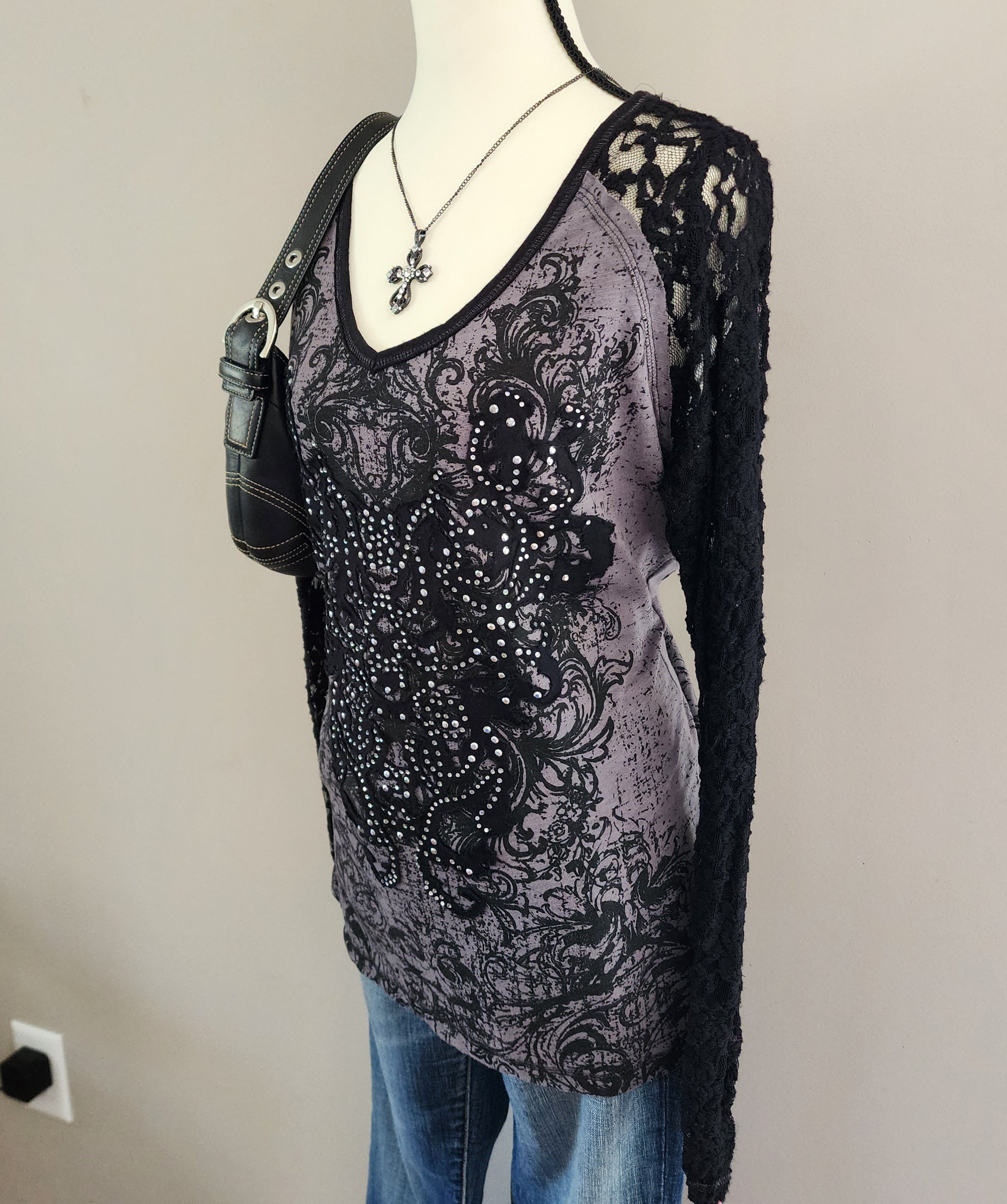 Maurices Black and Grey Lace Bedazzled Long Sleeved Top
