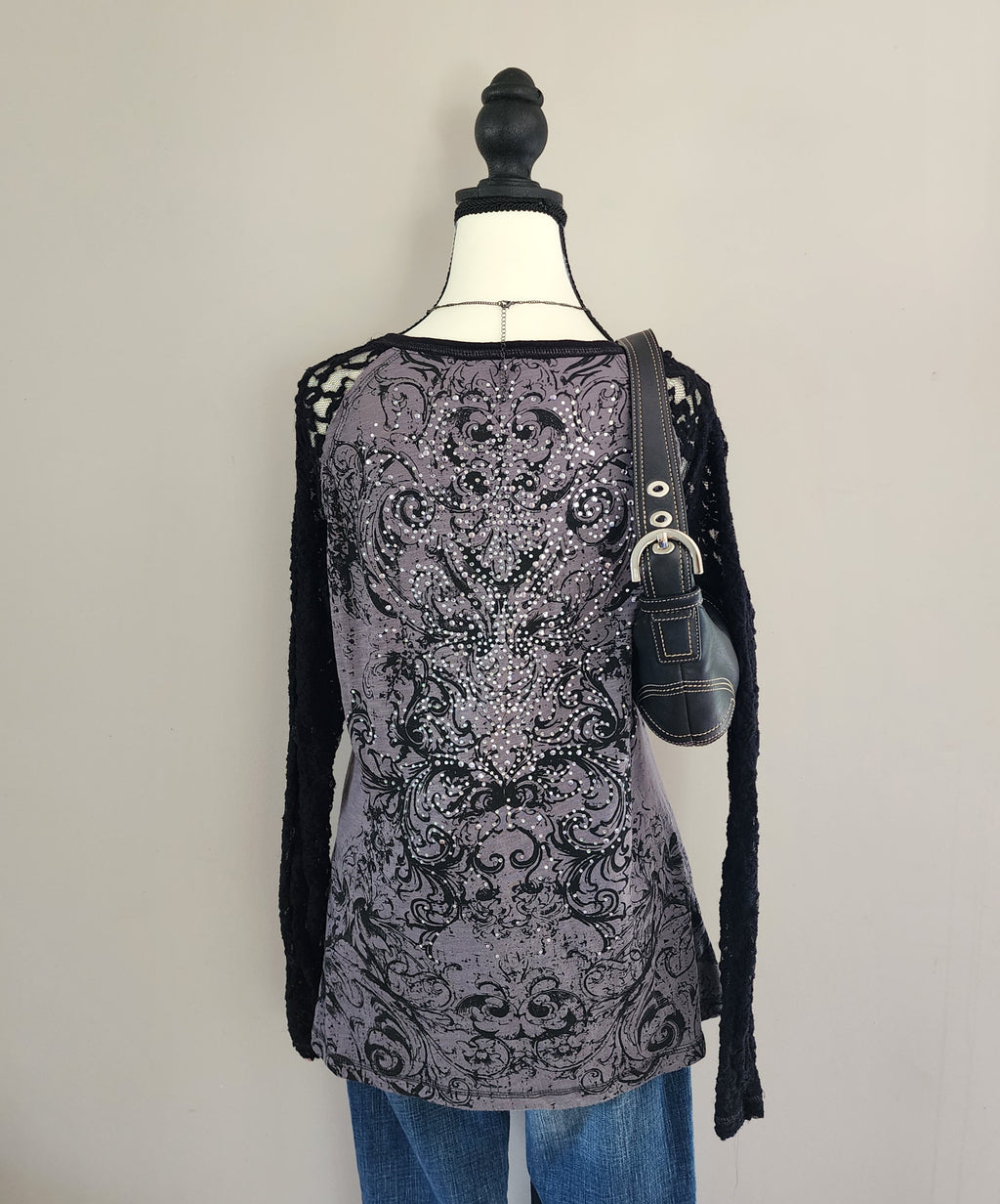 Maurices Black and Grey Lace Bedazzled Long Sleeved Top
