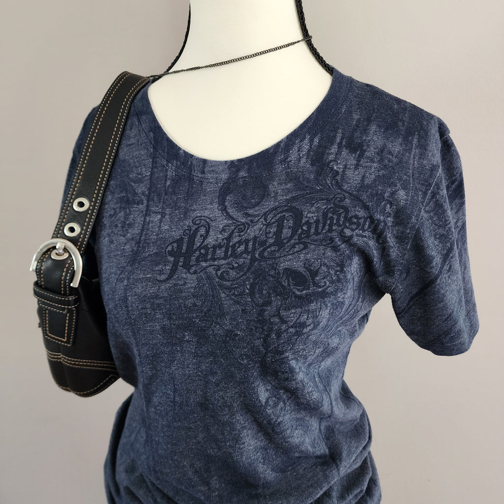 Y2K Harley-Davidson Navy Blue Graphic Print Top