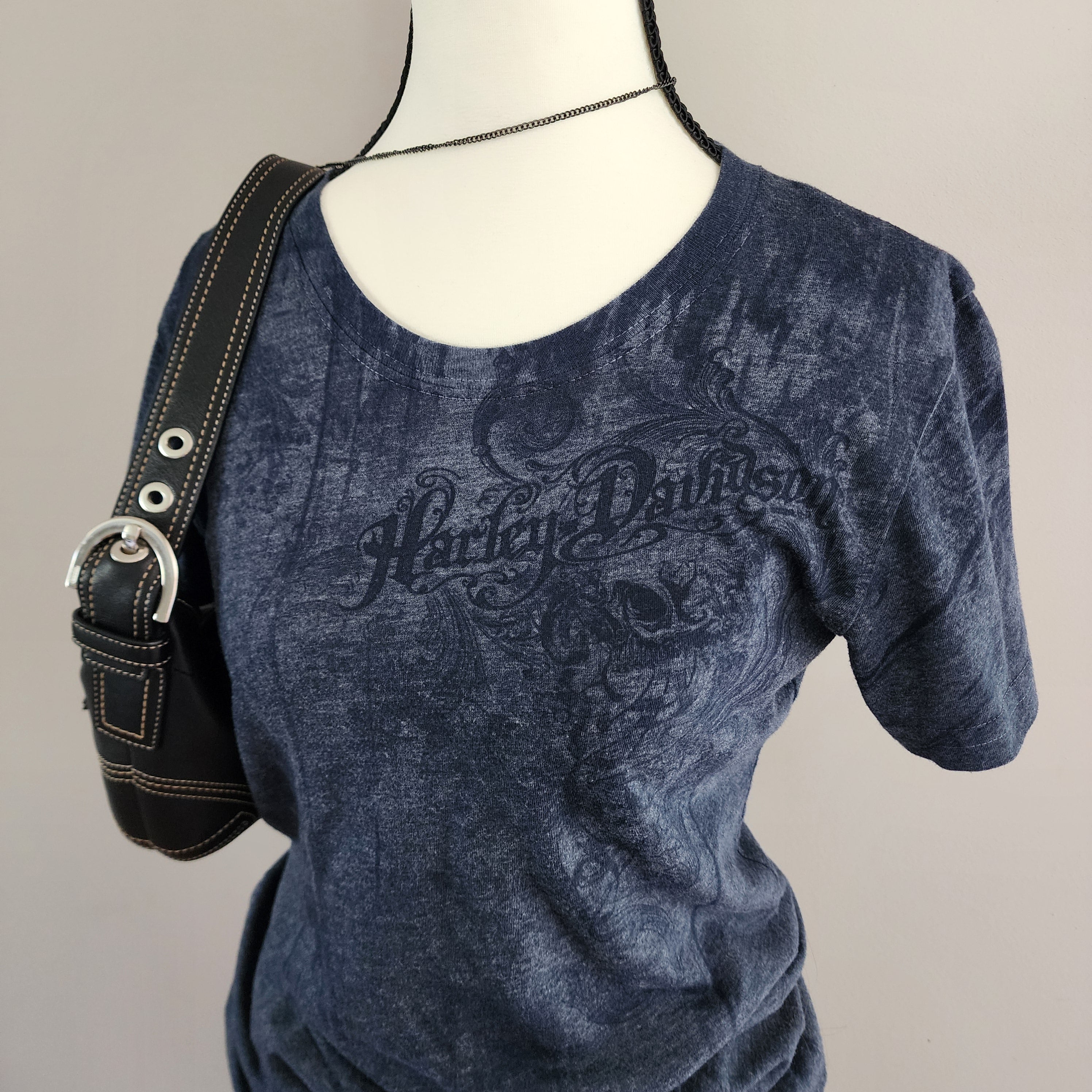 Y2K Harley-Davidson Navy Blue Graphic Print Top