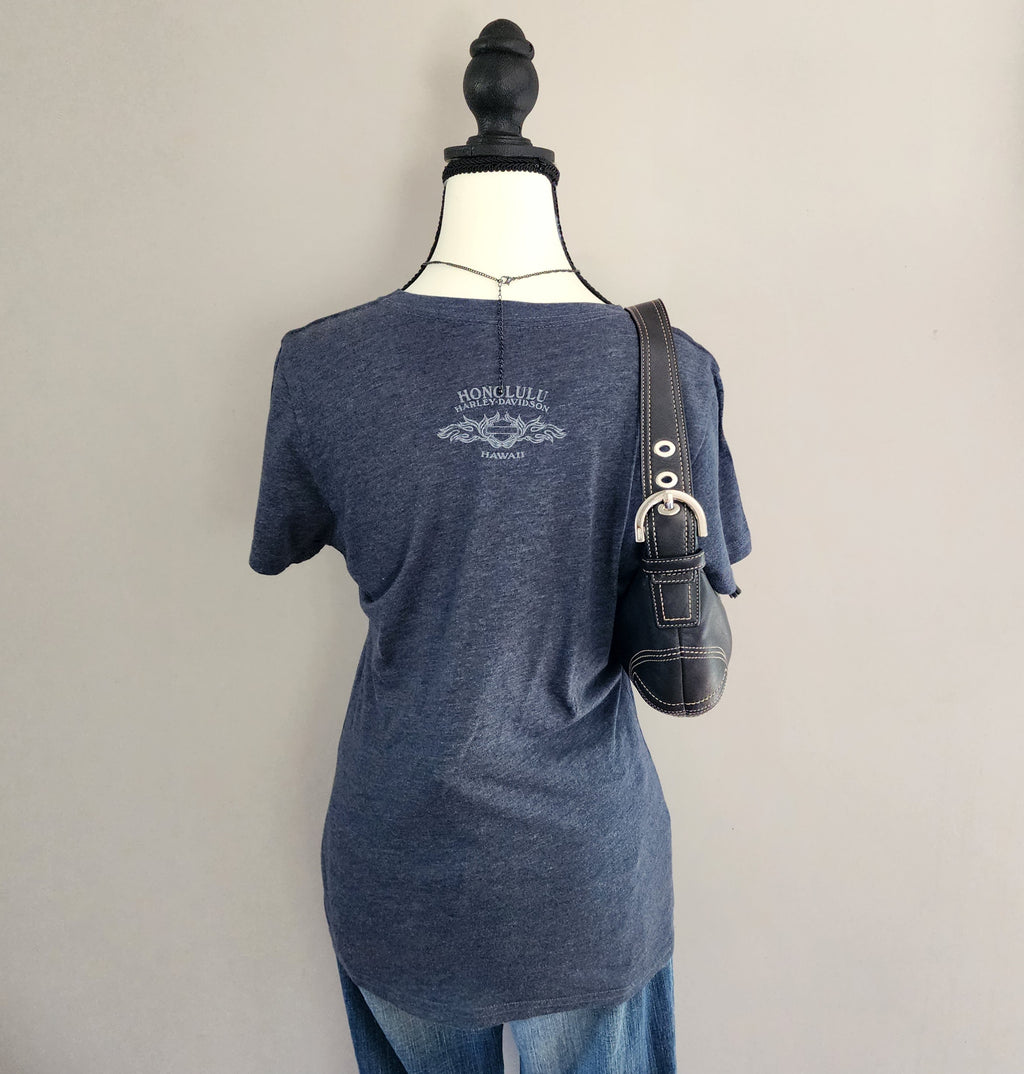 Y2K Harley-Davidson Navy Blue Graphic Print Top