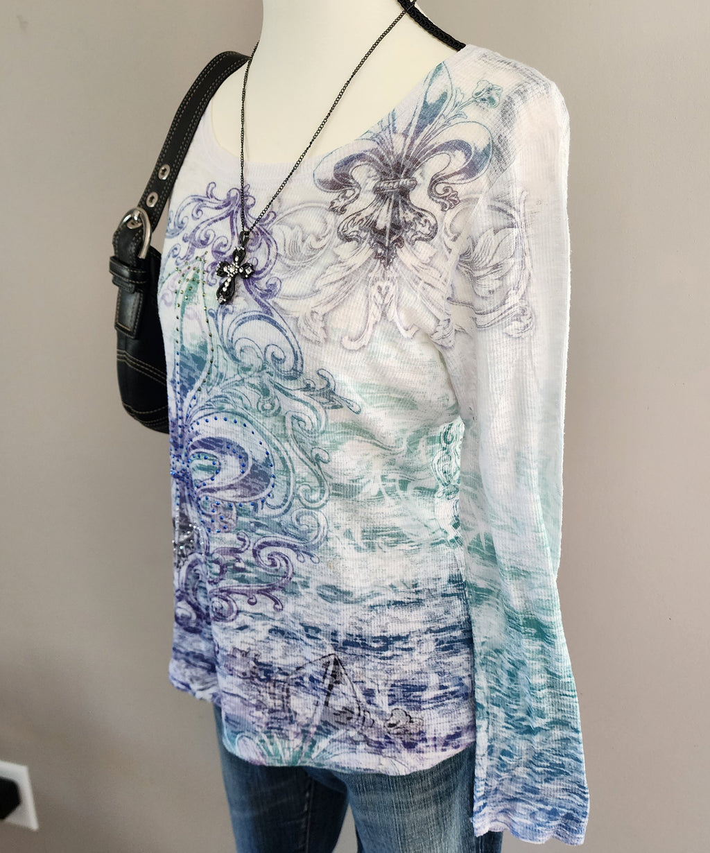 Y2K Cathedral White Multicolored Bedazzled Long Sleeved Top