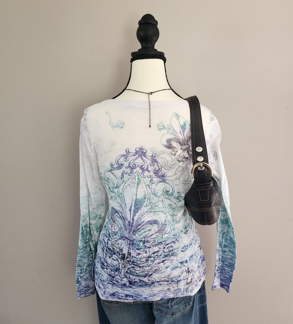 Y2K Cathedral White Multicolored Bedazzled Long Sleeved Top