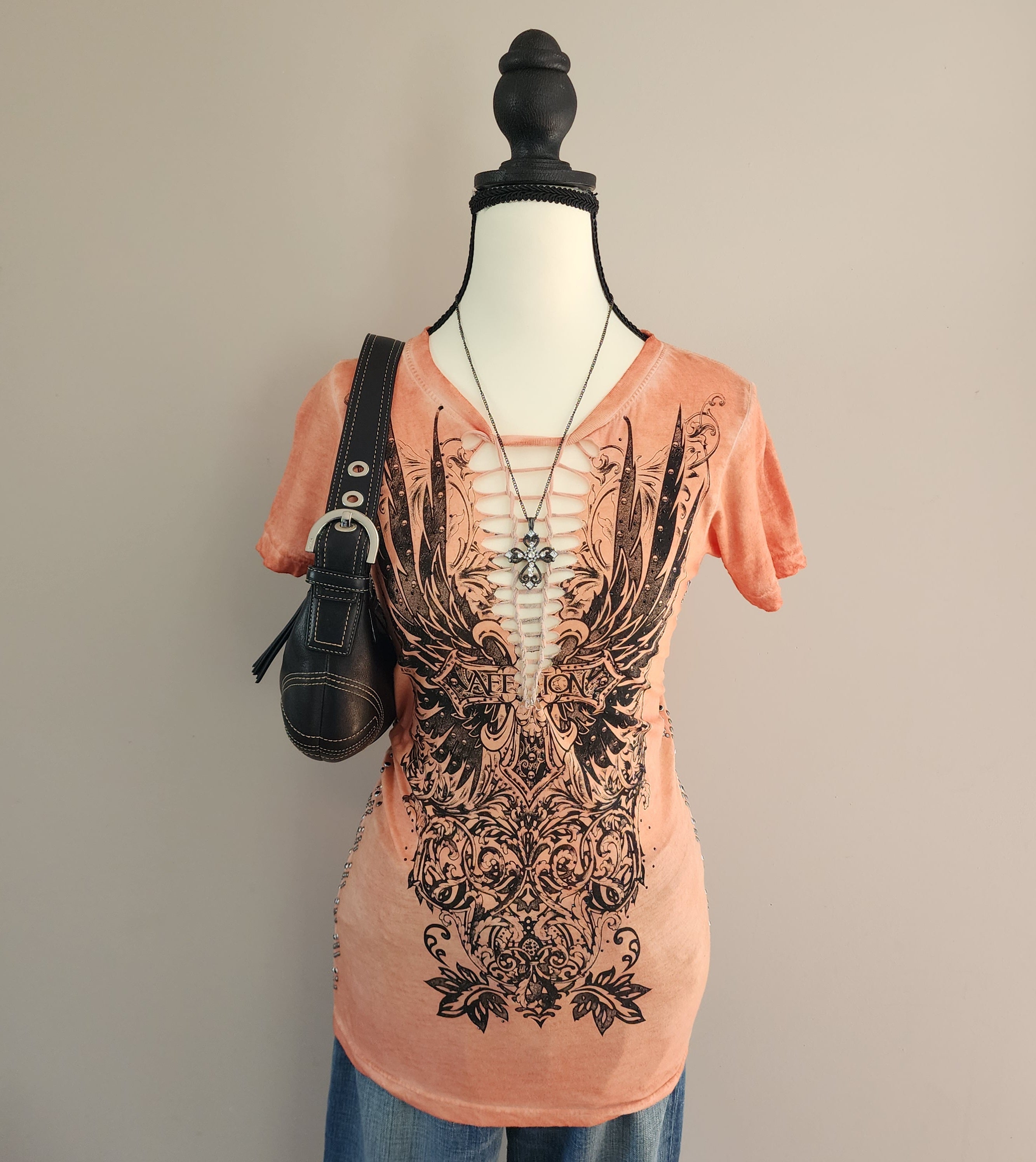 Y2K Affliction Orange Graphic Studded Cut-Out Top