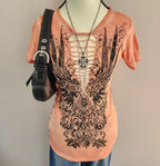 Y2K Affliction Orange Graphic Studded Cut-Out Top