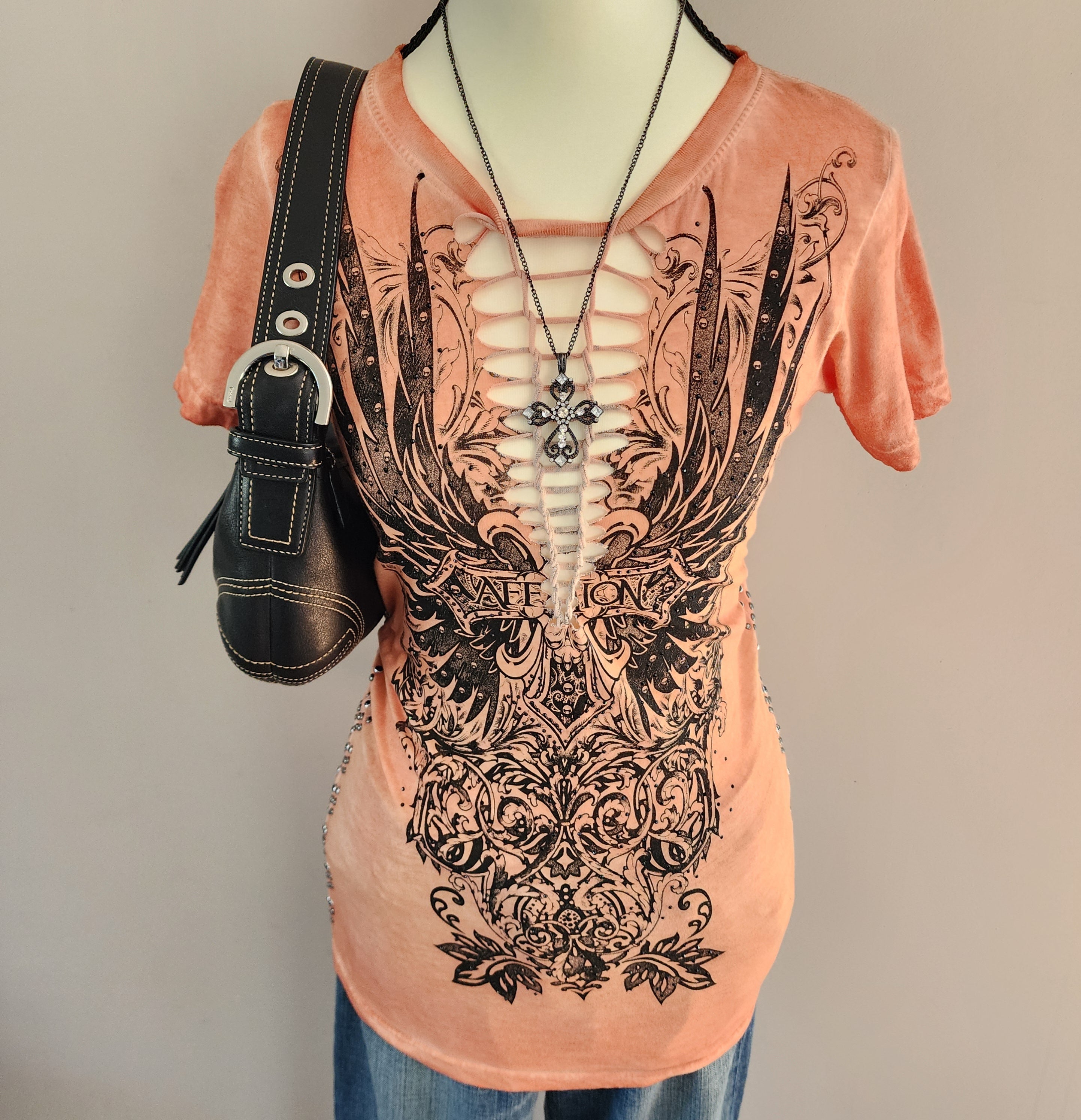 Y2K Affliction Orange Graphic Studded Cut-Out Top