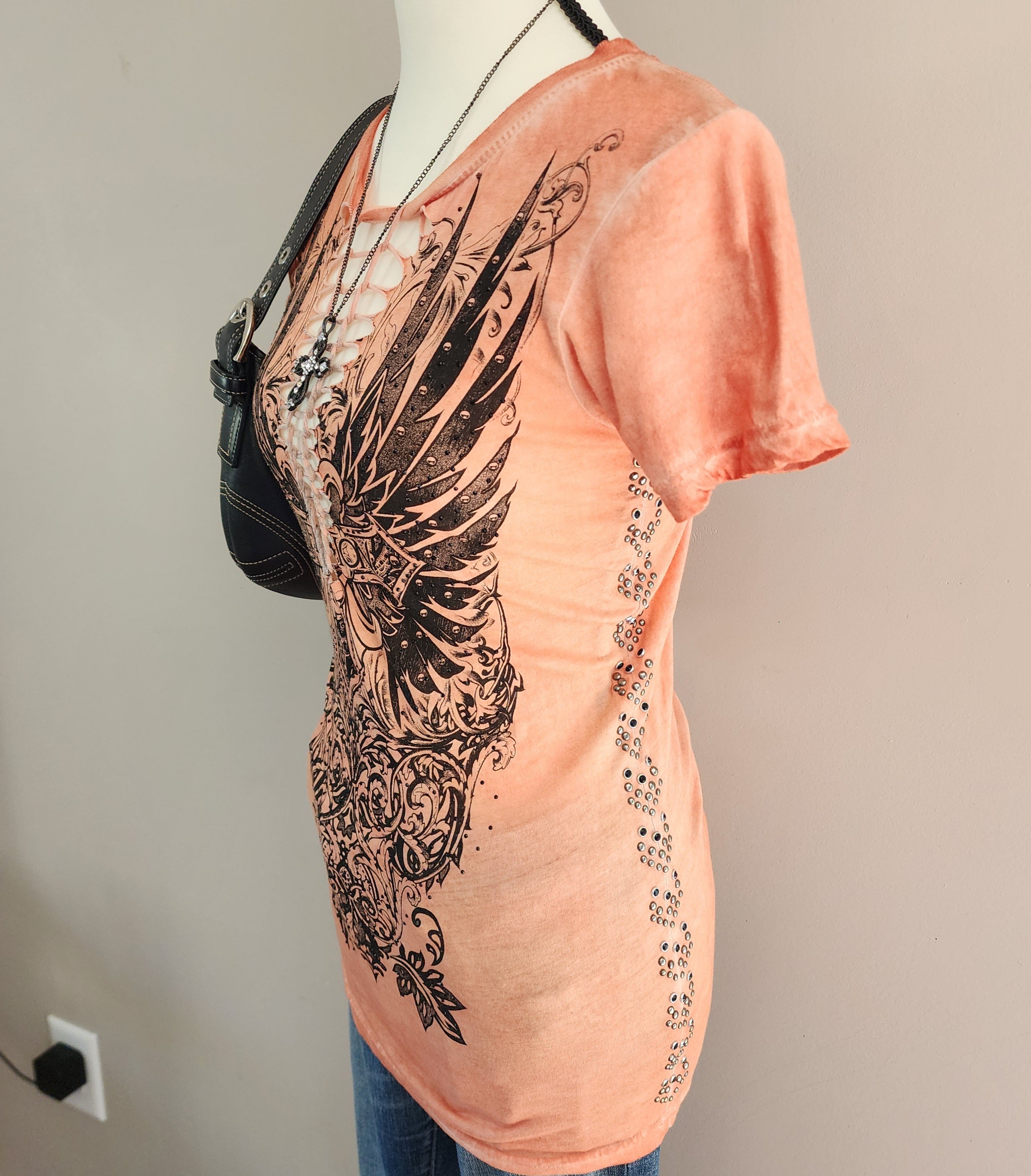 Y2K Affliction Orange Graphic Studded Cut-Out Top