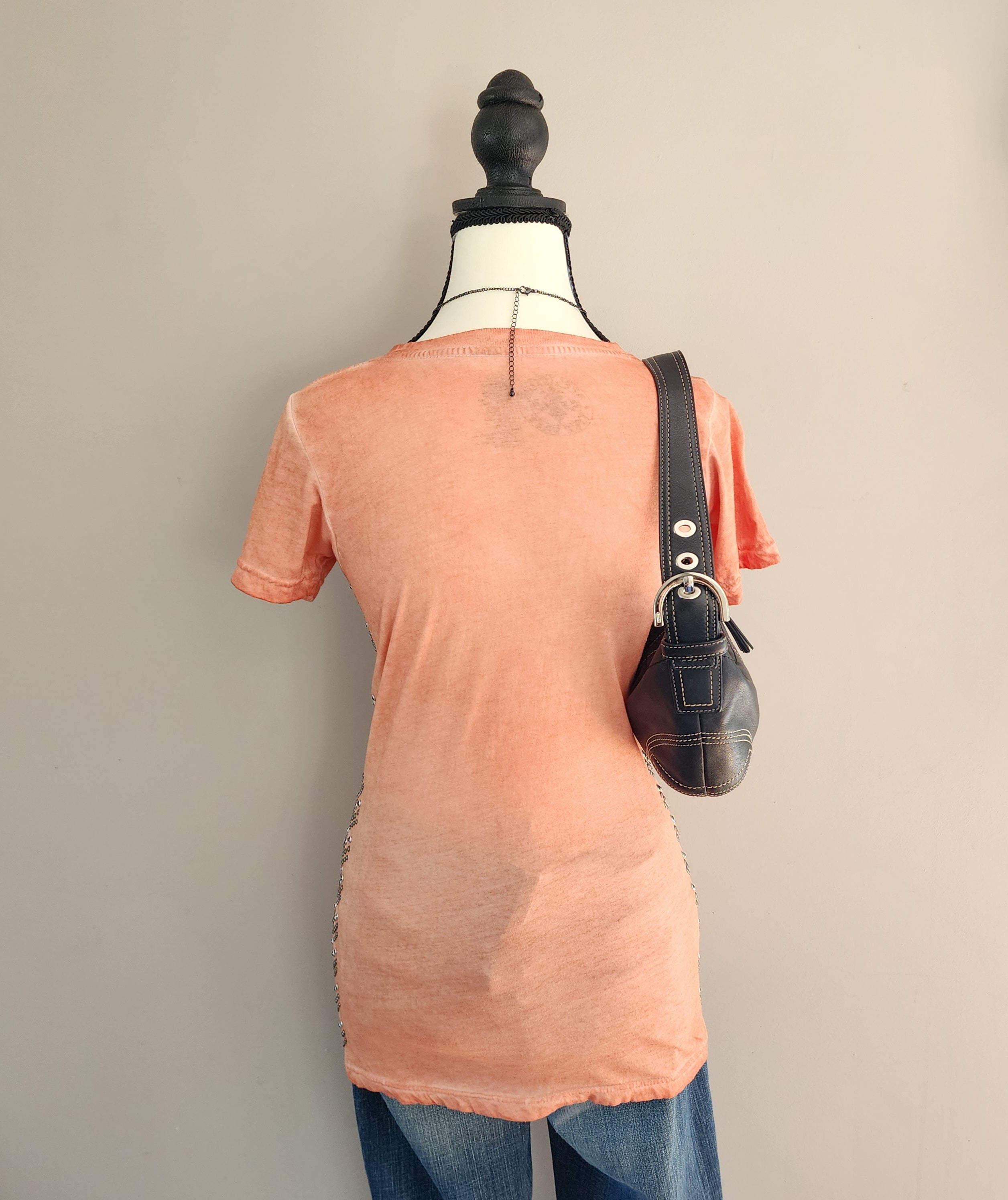 Y2K Affliction Orange Graphic Studded Cut-Out Top