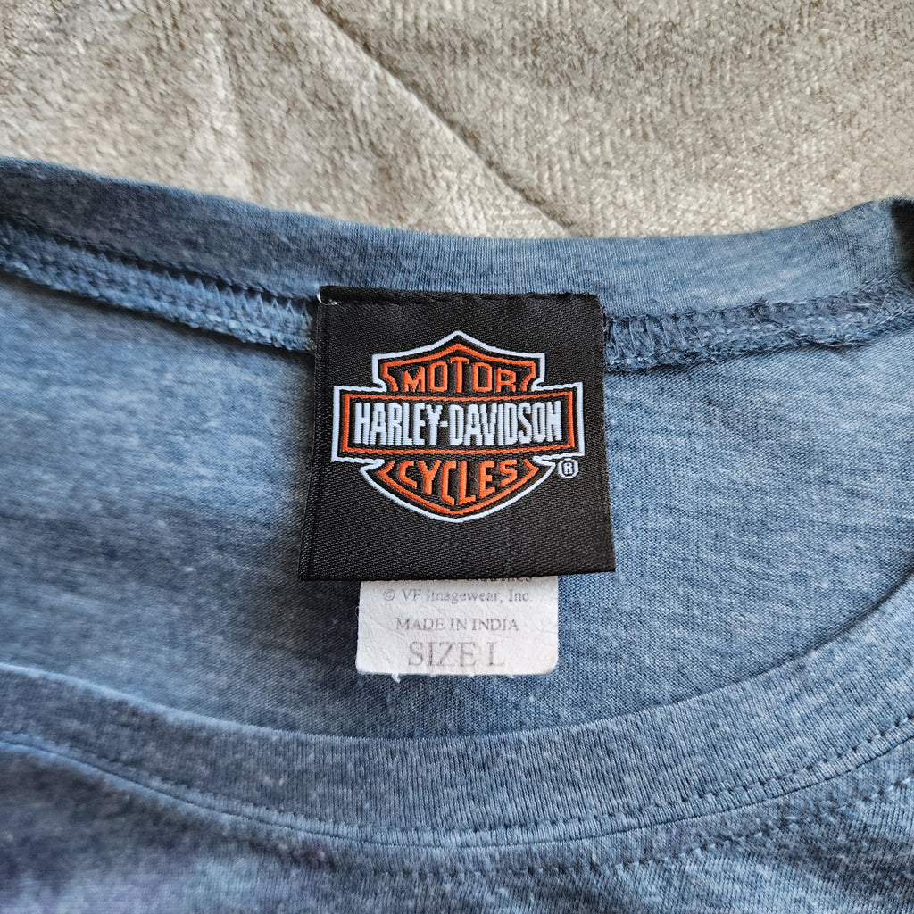 Y2K Harley-Davidson Blue and Silver Graphic Print Top
