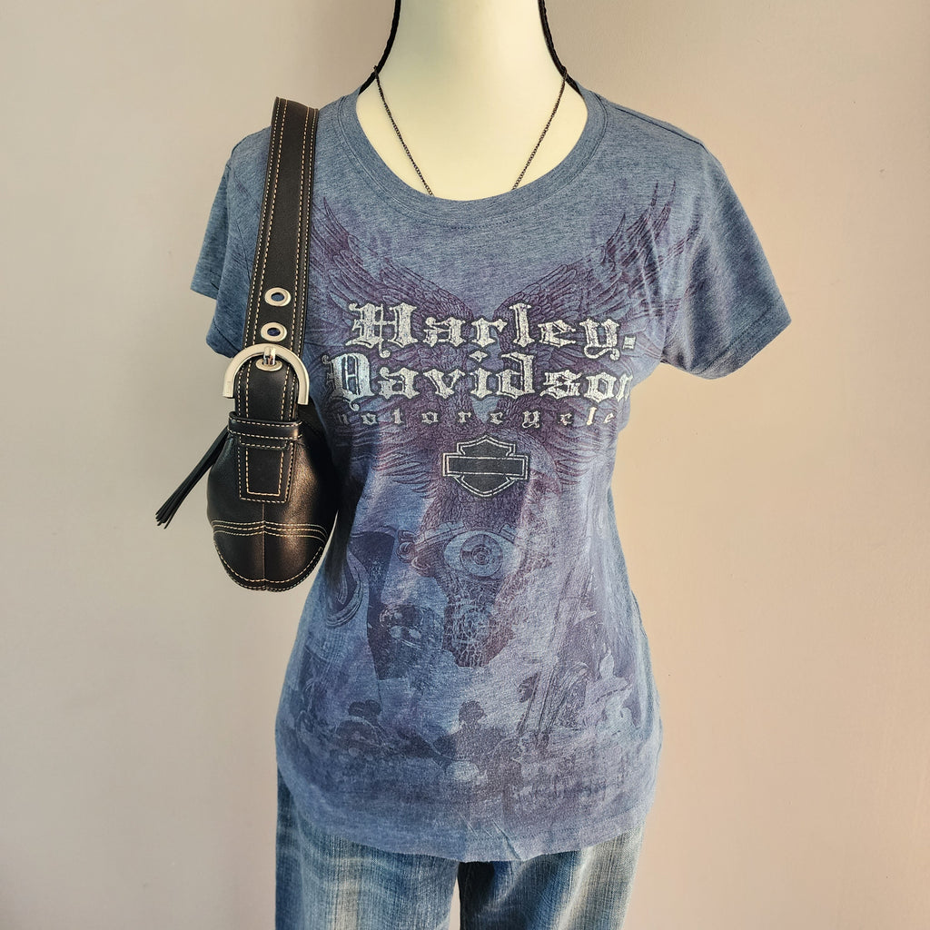 Y2K Harley-Davidson Blue and Silver Graphic Print Top