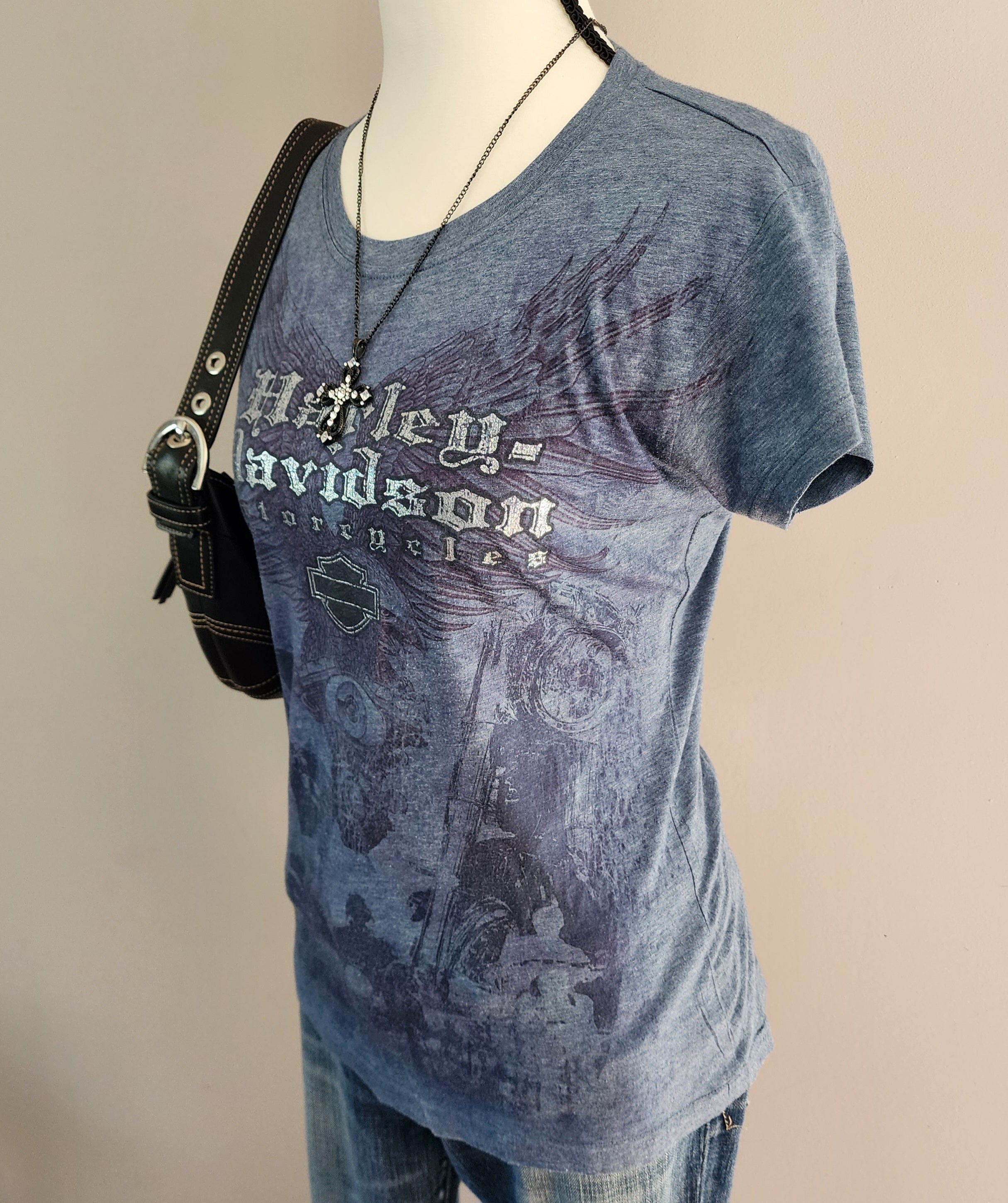 Y2K Harley-Davidson Blue and Silver Graphic Print Top
