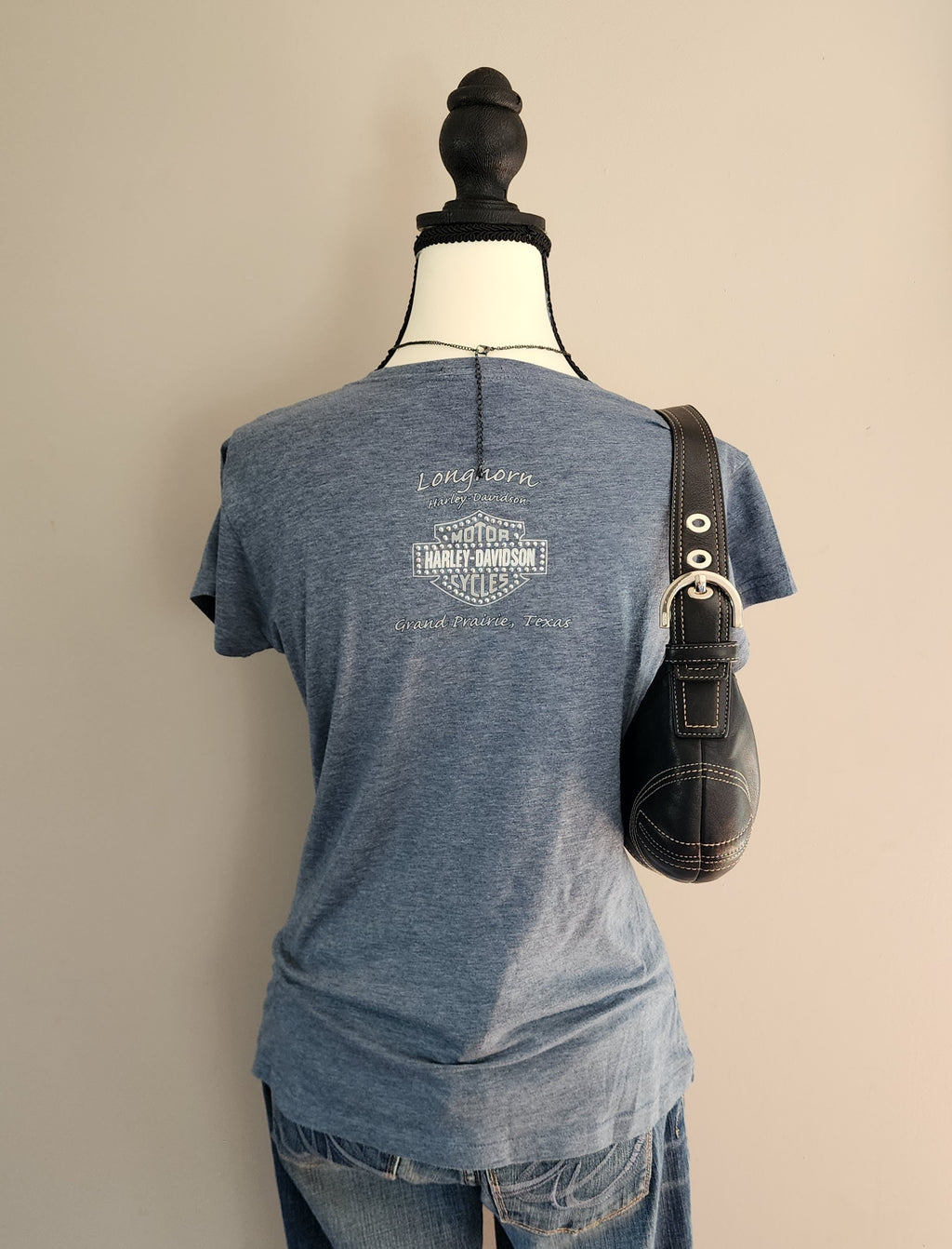 Y2K Harley-Davidson Blue and Silver Graphic Print Top