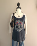 Affliction Color Block Bedazzled Skull Quarter Sleeve Top