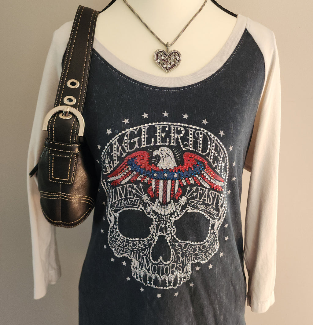 Affliction Color Block Bedazzled Skull Quarter Sleeve Top