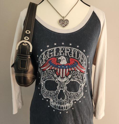 Affliction Color Block Bedazzled Skull Quarter Sleeve Top
