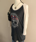 Affliction Color Block Bedazzled Skull Quarter Sleeve Top