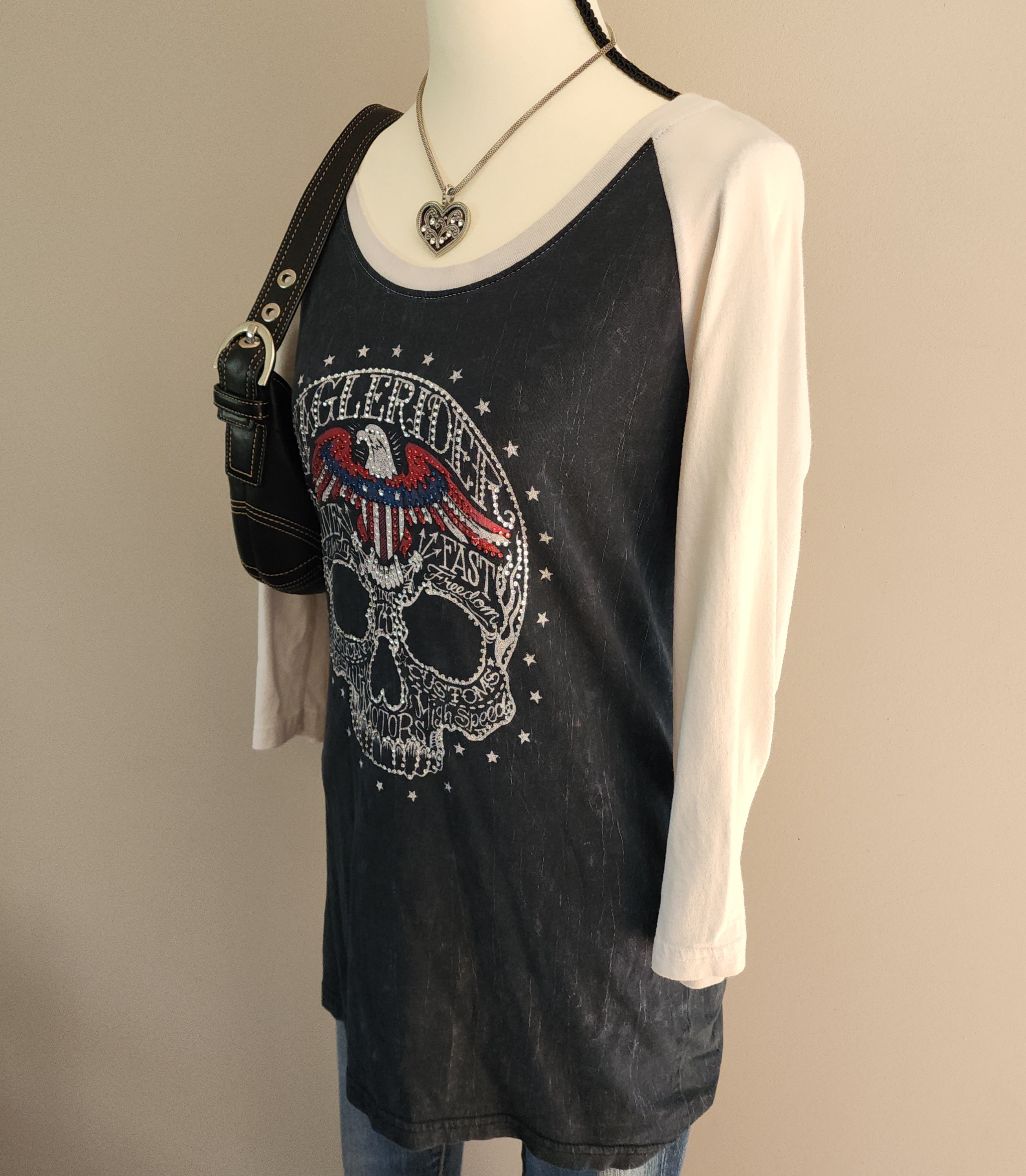 Affliction Color Block Bedazzled Skull Quarter Sleeve Top