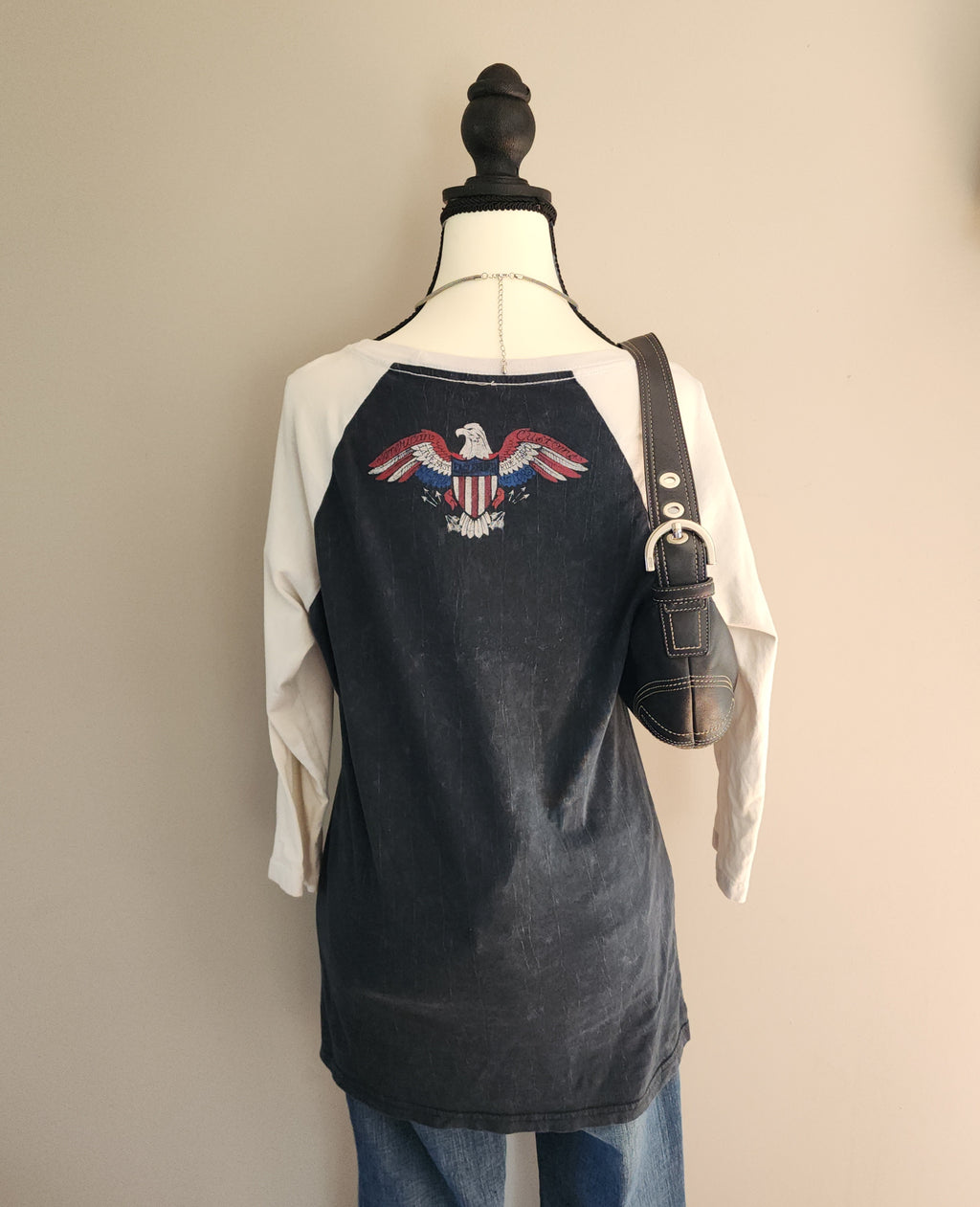 Affliction Color Block Bedazzled Skull Quarter Sleeve Top