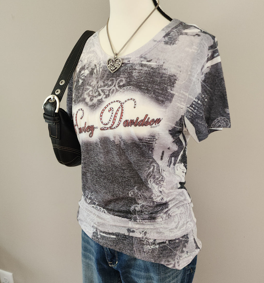 Harley-Davidson White and Grey Paisley Grunge Top