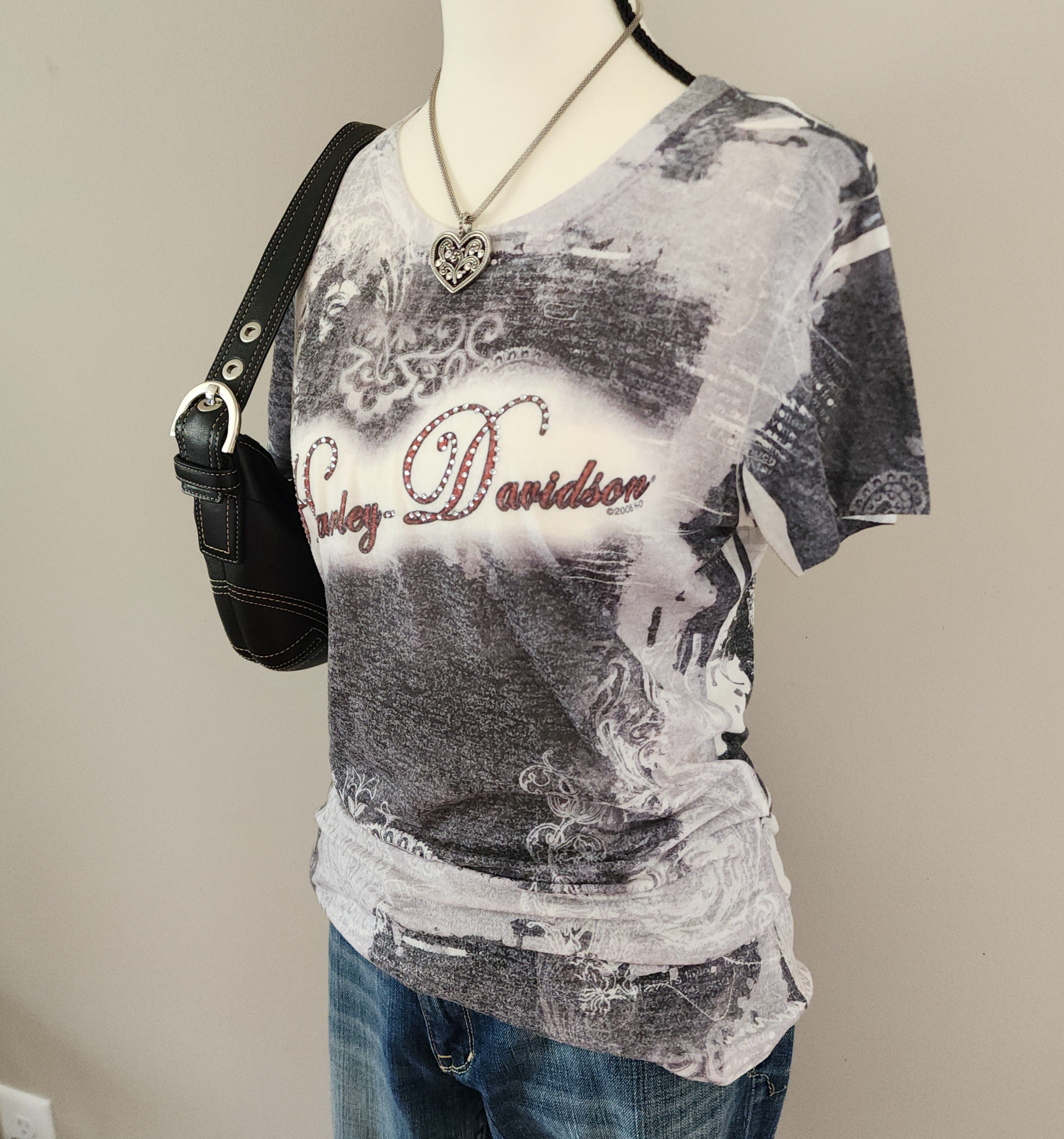 Harley-Davidson White and Grey Paisley Grunge Top