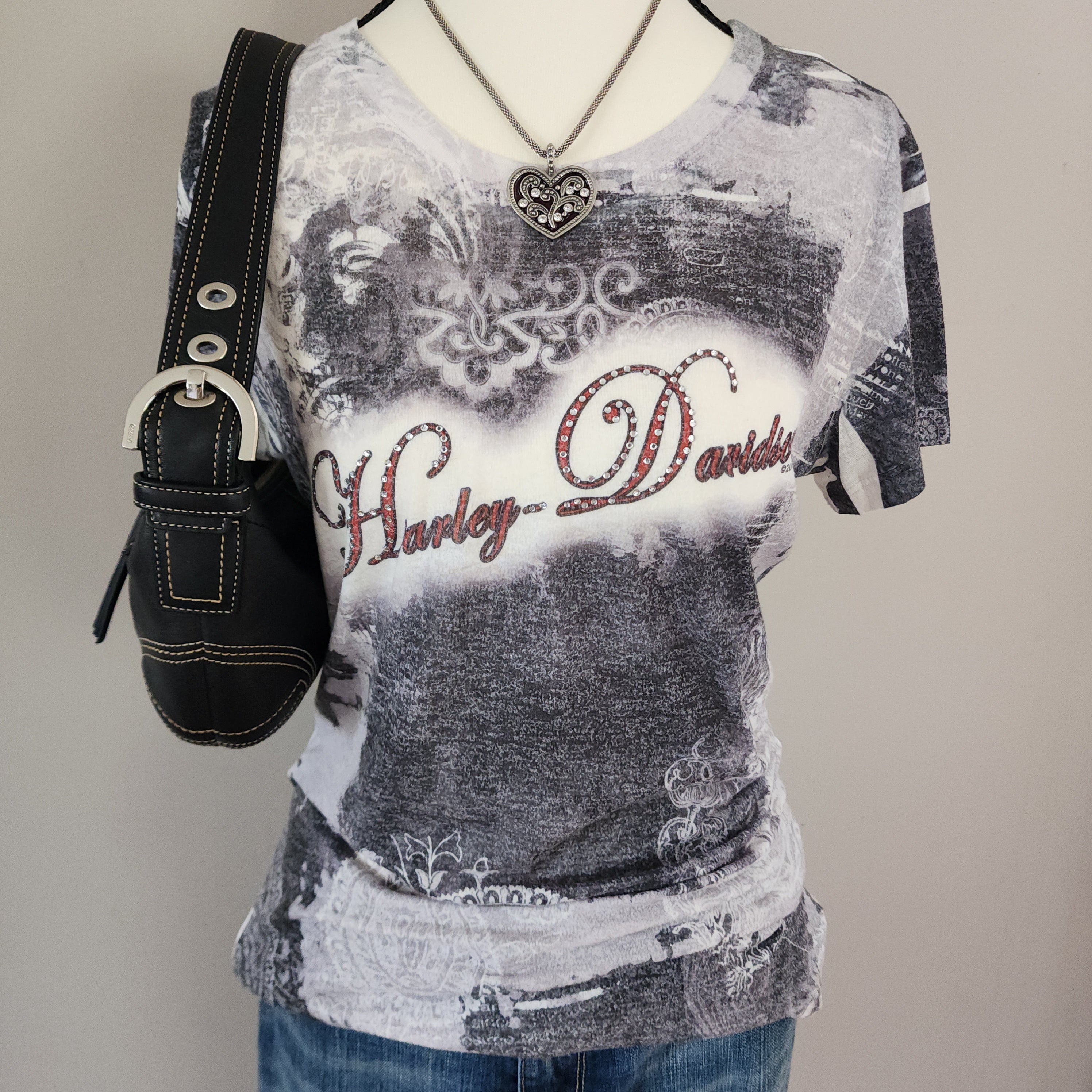 Harley-Davidson White and Grey Paisley Grunge Top