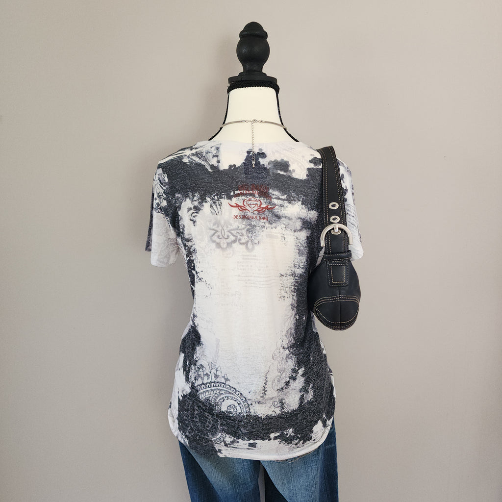 Harley-Davidson White and Grey Paisley Grunge Top