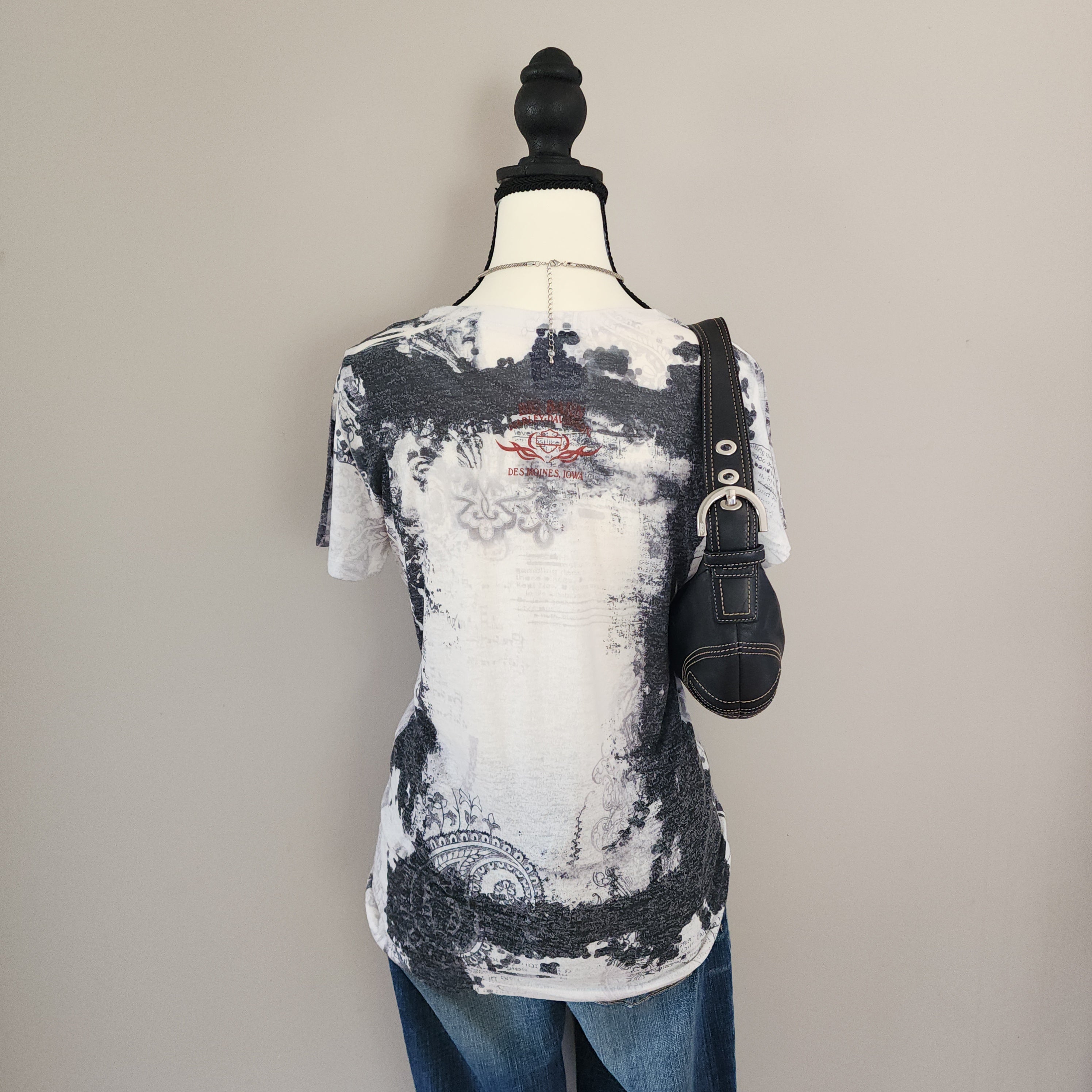 Harley-Davidson White and Grey Paisley Grunge Top