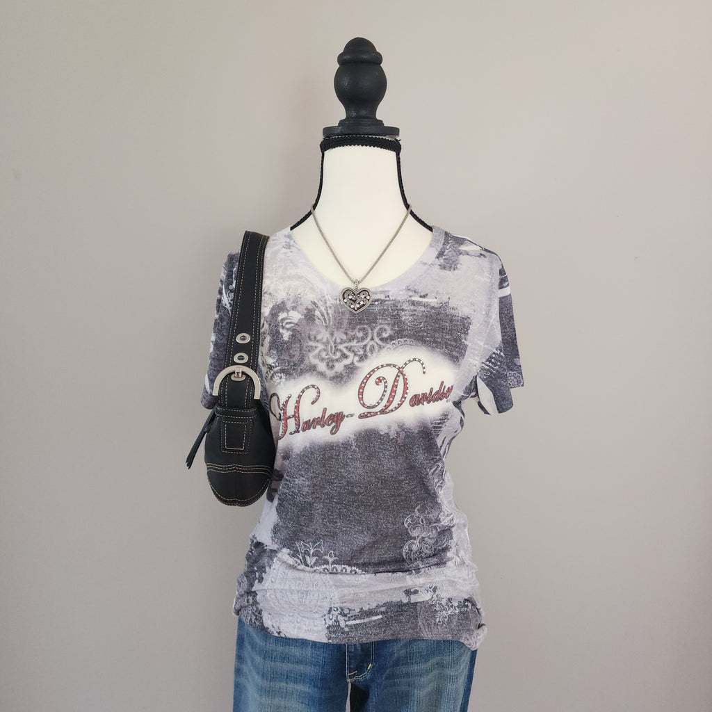 Harley-Davidson White and Grey Paisley Grunge Top