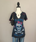 Affliction AC/MC Bedazzled Skull Pattern Graphic Print Top